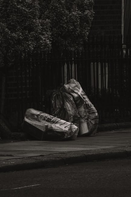 Two large black plastic bags filled with mixed rubbish, placed on the pavement in front of a black wooden fence with vertical slats, near a dense hedge with leafy foliage. The bags appear to contain discarded packaging and other waste materials, with some labels partially visible. The scene is outdoors, possibly on a residential street, with a curb and road in the foreground. The lighting suggests an overcast or shaded environment, typical of a private property or local rubbish collection area. The presence of these bags indicates a private or independent waste removal process, consistent with services provided by companies like Rubbish Removal Pimlico for builders' waste after renovations or similar projects involving on-site clearance.