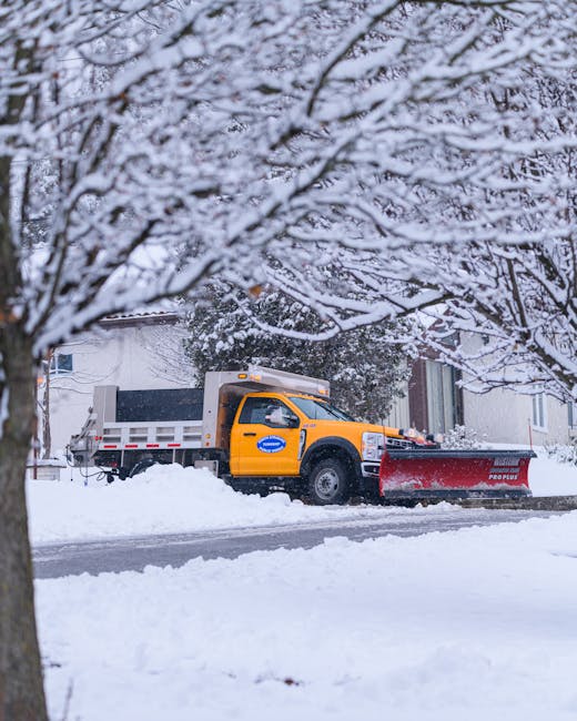 A yellow refuse collection truck equipped with a large red snowplow blade is parked on a snow-covered street, surrounded by a winter landscape. The vehicle has a white and blue logo on the door, indicating it is part of a rubbish removal service. The truck’s body is partially visible, showing a black cargo section behind the cab, and it is positioned parallel to a sidewalk blanketed in fresh snow. In the background, there is a residential building with windows and a roof also covered in snow. The scene is framed by leafless trees with snow-laden branches extending overhead, creating a natural canopy. The environment appears cold and quiet, typical of a winter day, and the truck may be used for private waste collection or on-site clearance during adverse weather conditions. The image emphasizes the independent management of rubbish removal amidst snowy weather, aligning with the themes of alternative waste handling and private disposal services provided by Rubbish Removal Pimlico.