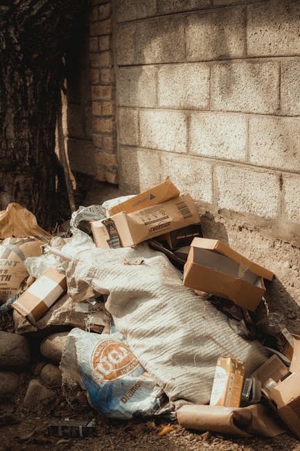 A pile of discarded cardboard boxes of various sizes, some flattened and others partially assembled, rests against a rough concrete wall beside a tree trunk in an outdoor urban setting. The boxes are light brown with printed labels and barcodes, and are placed atop a large woven textile sack that appears to contain additional rubbish. Surrounding the debris are small rocks and dirt, with the concrete wall showing signs of weathering and cracks. The scene is illuminated by natural daylight, emphasizing the textures of the cardboard, fabric, and surrounding environment. This setting illustrates a typical example of waste accumulation that might be subject to independent rubbish collection services, as offered by Rubbish Removal Pimlico, in areas requiring private waste handling or on-site clearance of domestic or commercial rubbish from residential alleyways or backyards.